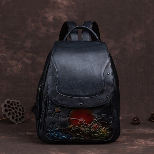 Large Capacity Retro Embossing Craft Straight Hair Artistic Backpacks