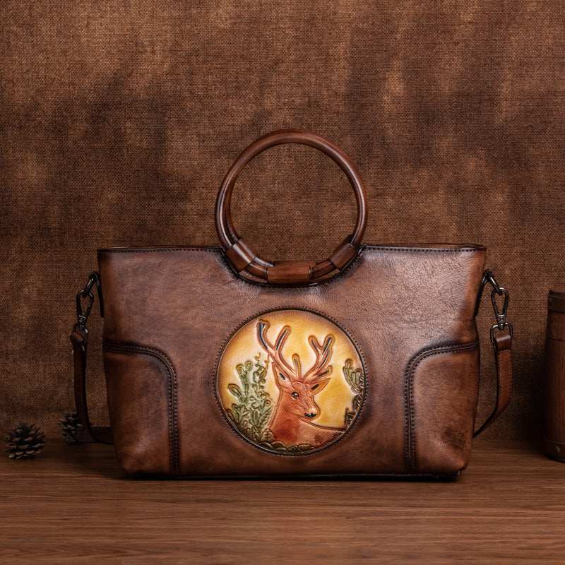 Women's Layer Cowhide Vintage Special Deer Head Handbags