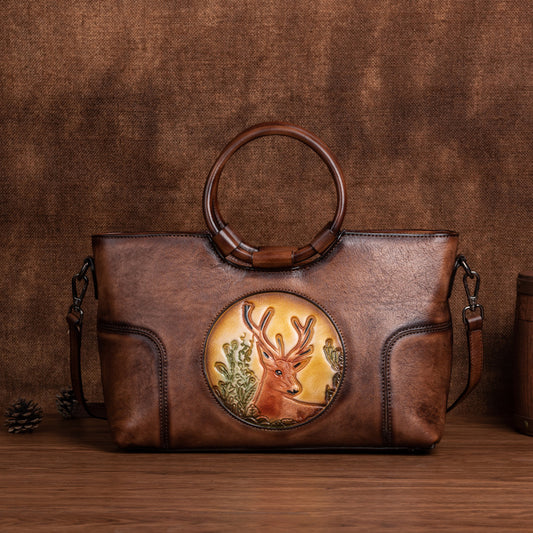Women's Layer Cowhide Vintage Special Deer Head Handbags