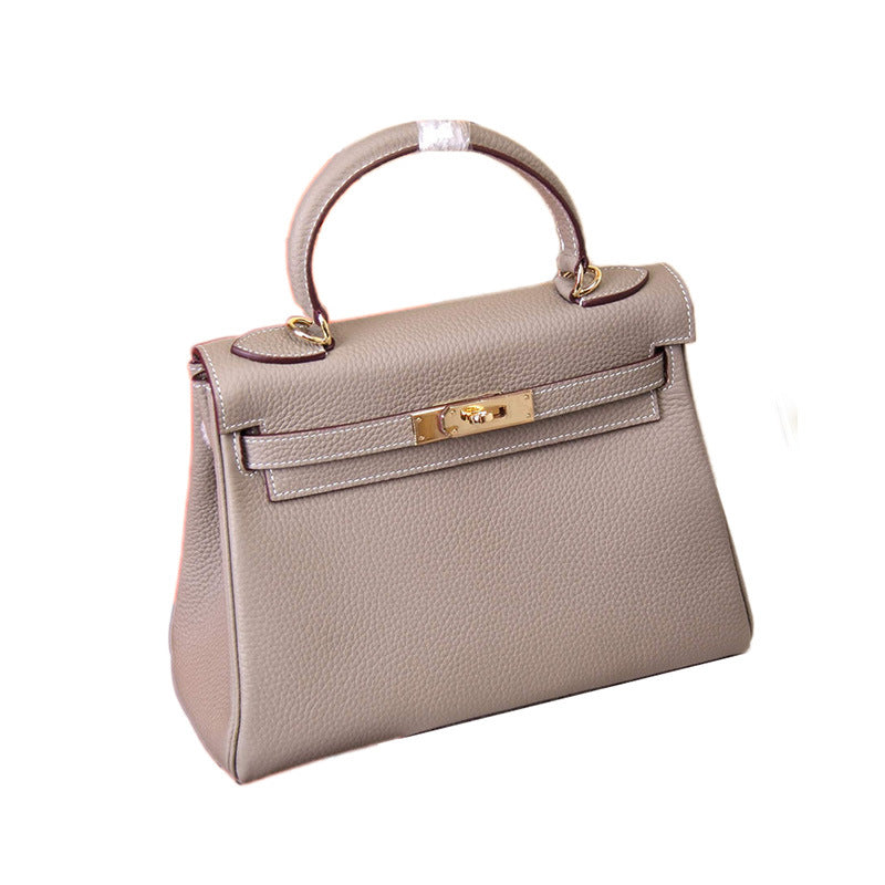 Women's Litchi Pattern First Layer Cowhide Kelly Handbags