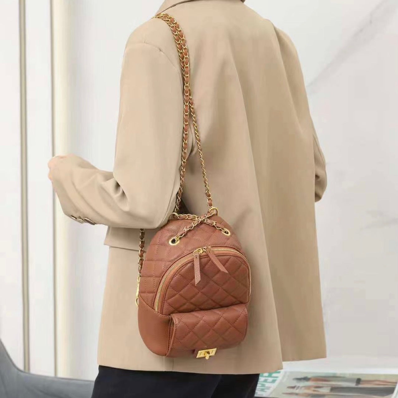 Women's First Layer Cowhide Leather Rhombus Chain Backpacks