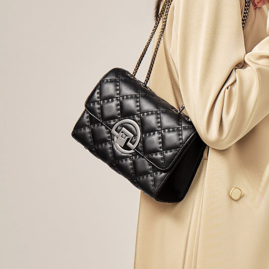 Women's Trendy Style Diamond Genuine Leather Chain Small Square Bags