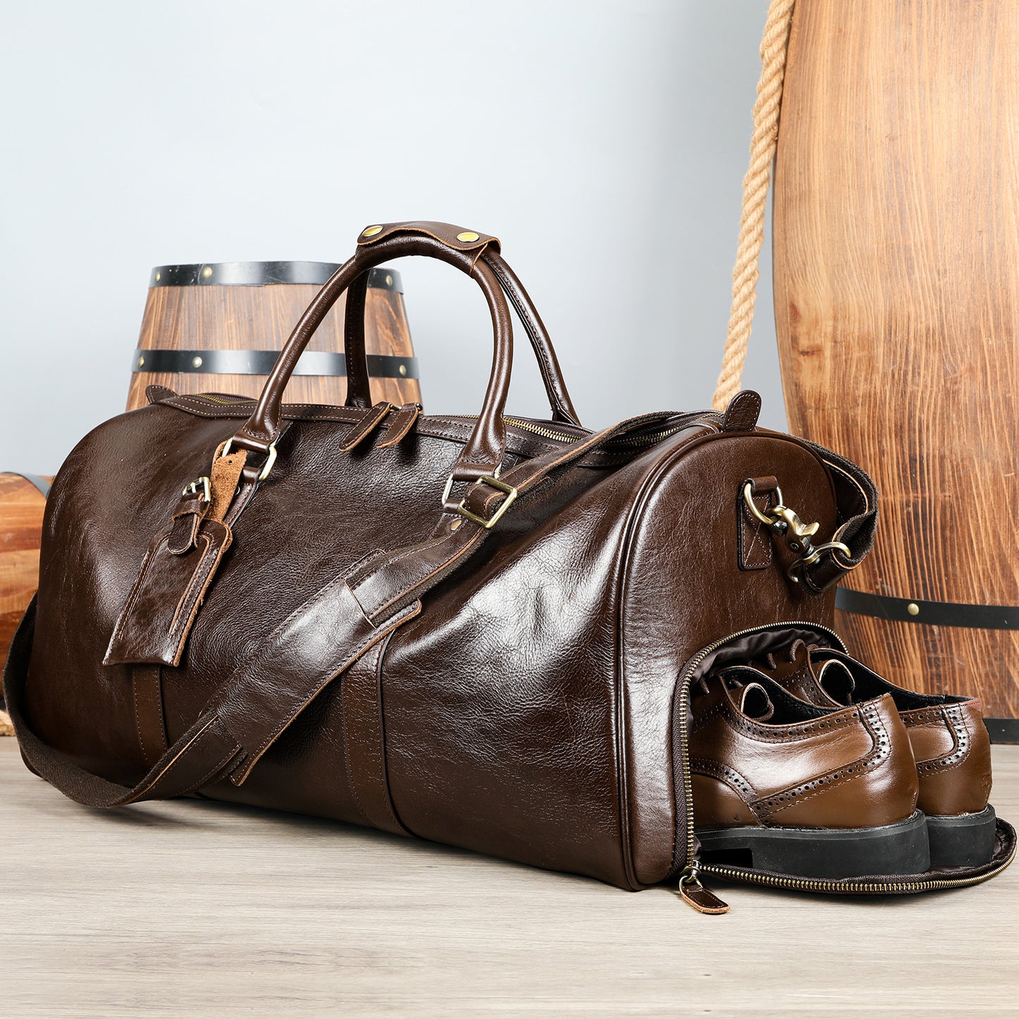 Men's Traveling Black With Shoe Position Cowhide Travel Bags