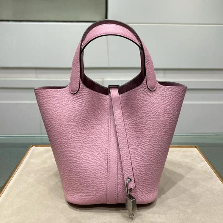 Women's Line Vegetable Basket Genuine Leather Litchi Pattern Handbags