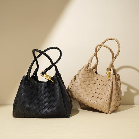 Women's Genuine Cattlehide Leather Surface Woven Retro Bucket Bags
