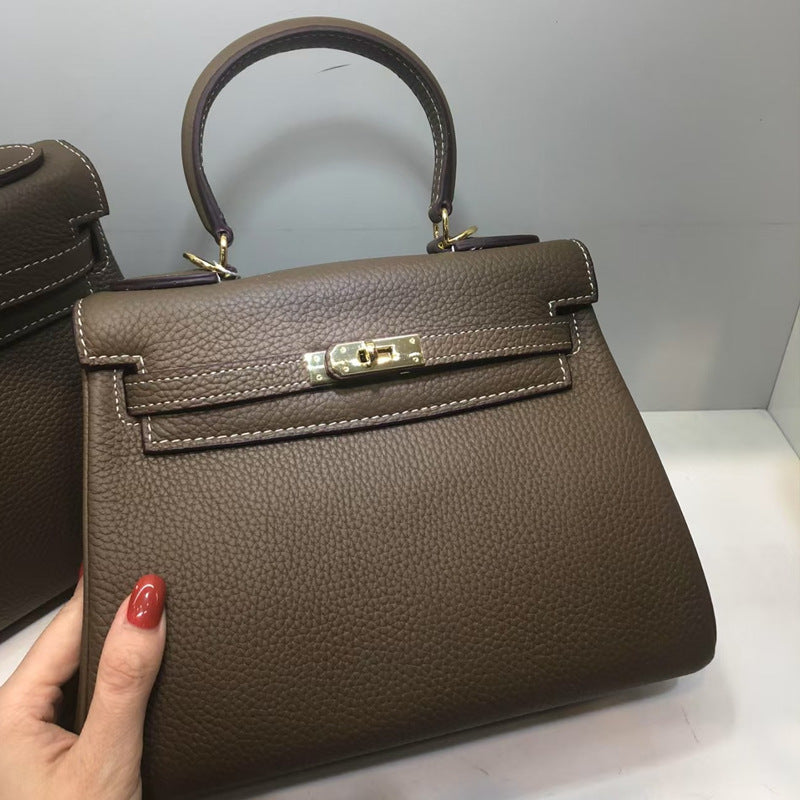Women's Litchi Pattern First Layer Cowhide Kelly Handbags