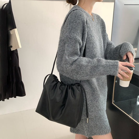 Women's Soft Calfskin Cloud Genuine Leather Drawstring Large Capacity Shoulder Bags
