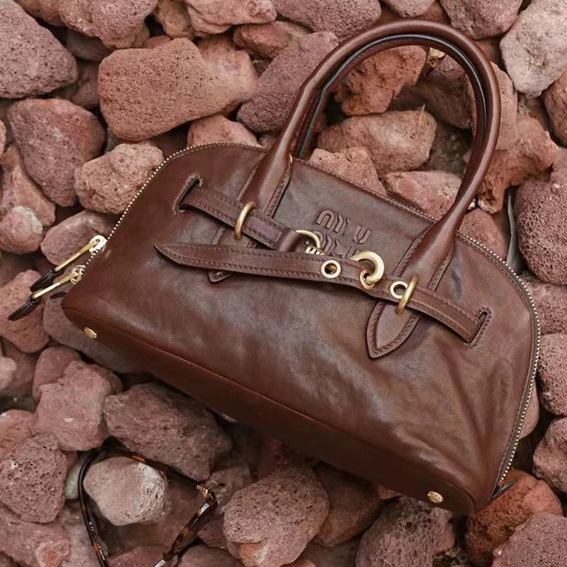 Women's Italian Shell Retro Bowling Genuine Leather Bags