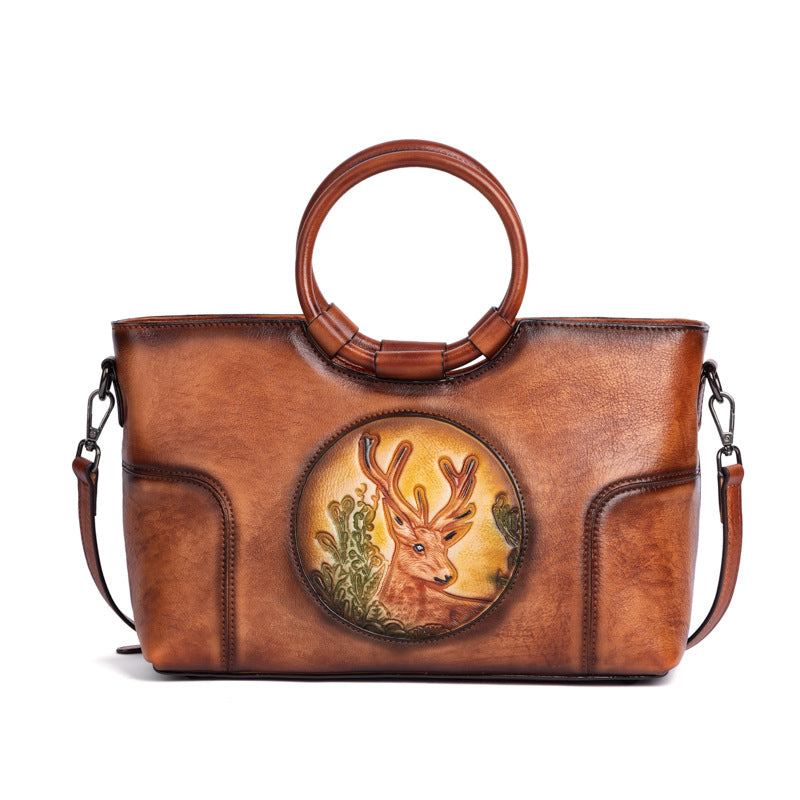 Women's Layer Cowhide Vintage Special Deer Head Handbags