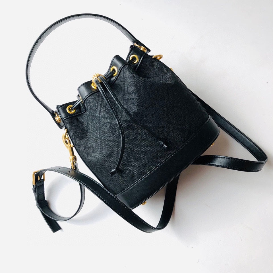 Women's Cowhide Canvas Single Drawstring Presbyopic Bucket Bags