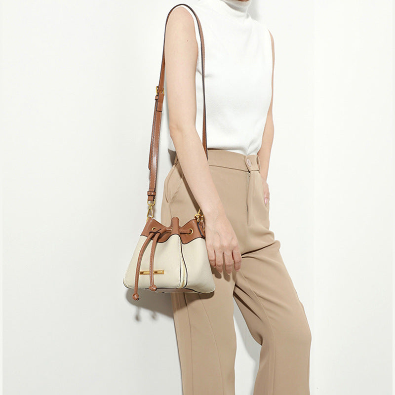 Women's Leather Drawstring Contrast Color Trendy Fashion Shoulder Bags