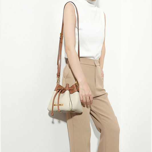 Women's Leather Drawstring Contrast Color Trendy Fashion Shoulder Bags