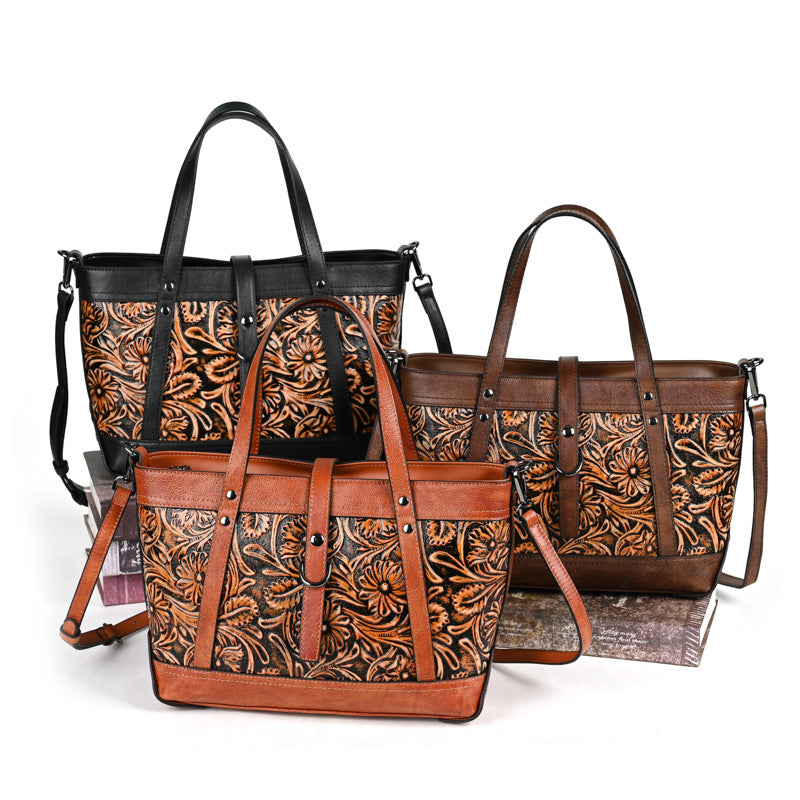Women's Layer Cowhide Hand Carved Vintage Large Tote Bags