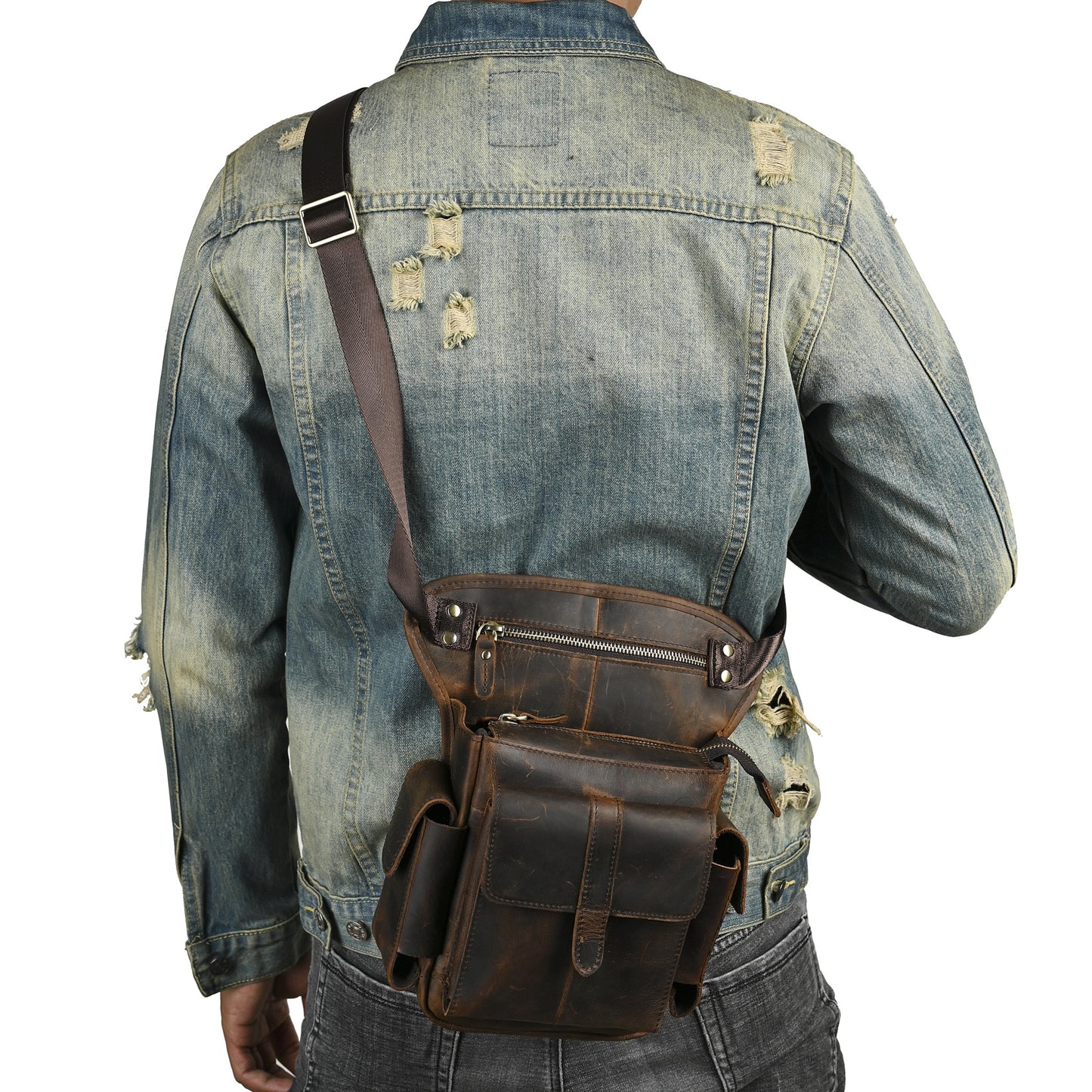 Men's Leather Cowhide Retro Trendy Cool Mobile Men's Chest Bags