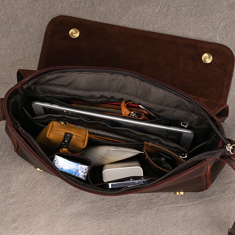 Men's Crazy Horse Leather Genuine Flap Storage Men's Shoulder Bags