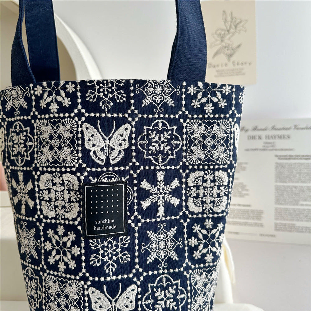 Women's Cotton Linen Embroidery Fabric Round Barrel Bucket Bags
