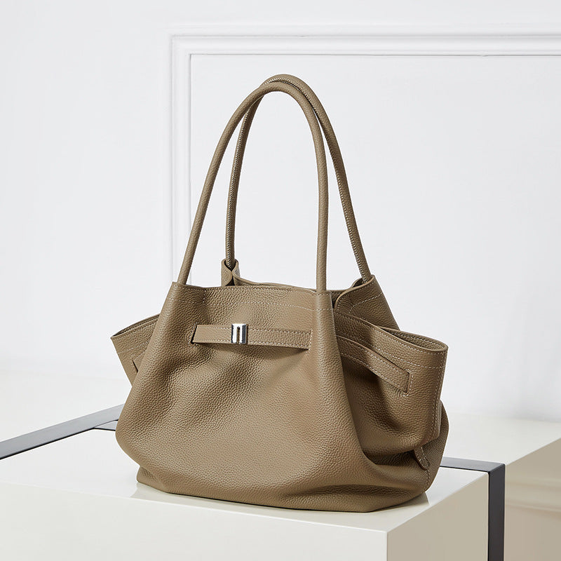Women's Simple Pleated Vegetable Basket Temperament Genuine Shoulder Bags
