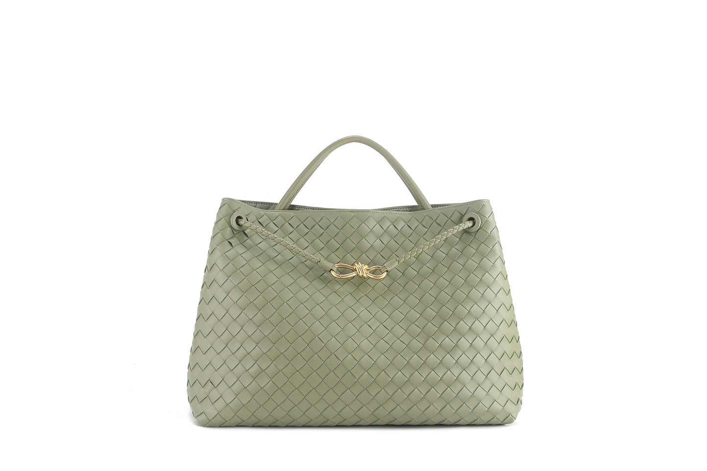 Women's Bow Metal Cord Fastener Woven Genuine Leather Shoulder Bags