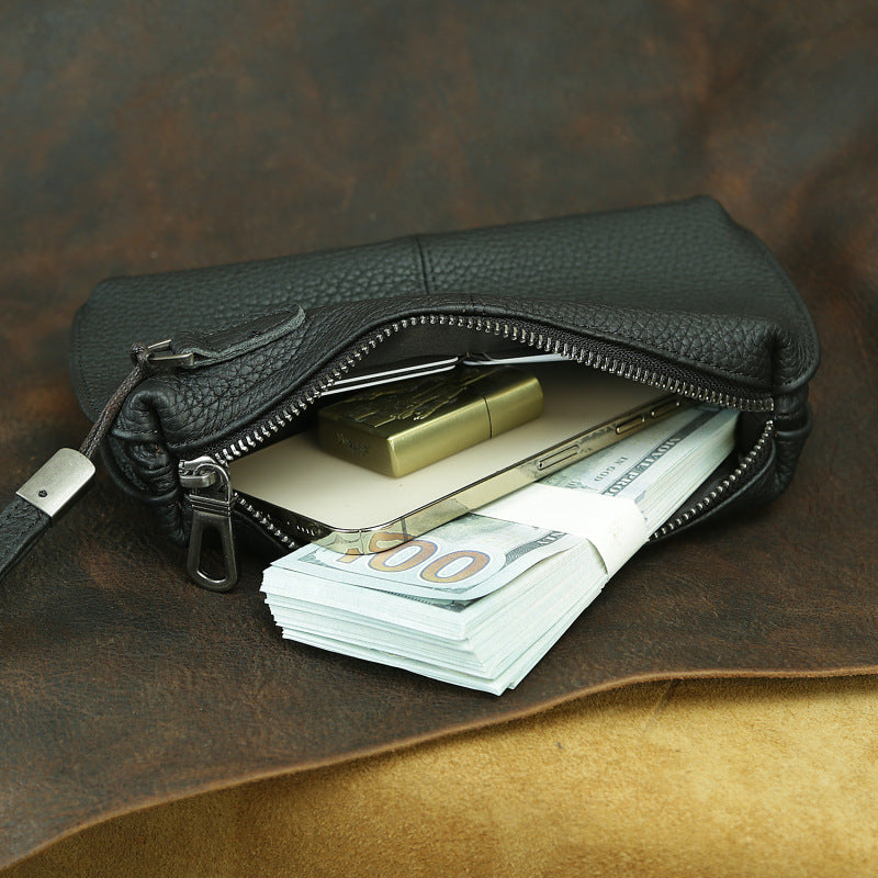 Men's Hipster Genuine Leather Clutch Soft Zip Long First Layer Men's Handbags