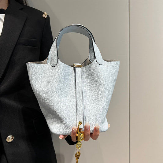 Women's Imported Leather Color Matching Vegetable Basket Handbags