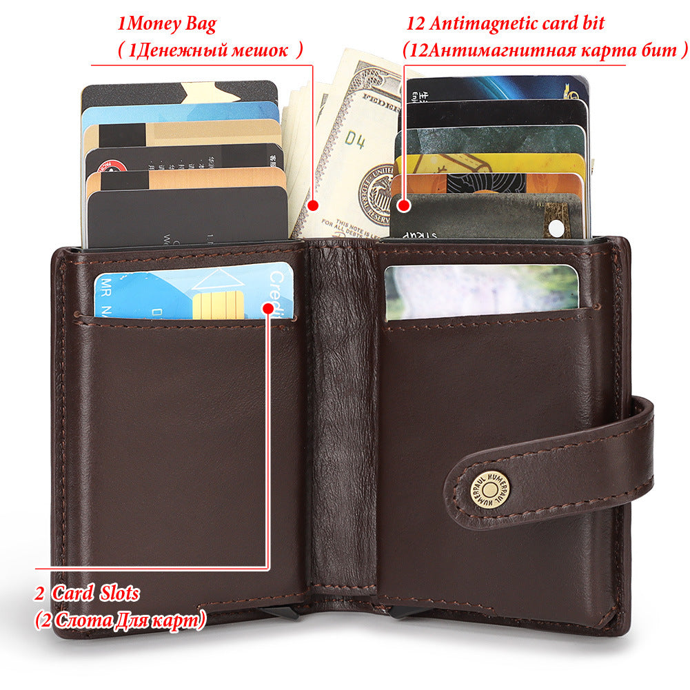 Men's Leather Short Vintage Zipper Automatic Card Holder
