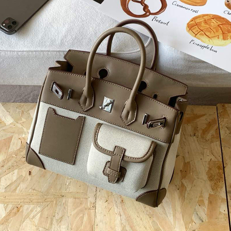 Color Platinum Canvas Stitching Leather Large Bags