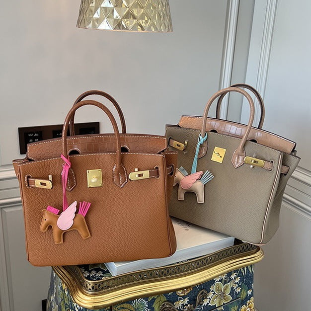 Women's Layer Cowhide Lychee Pattern Stitching Crocodile Large Capacity Handbags