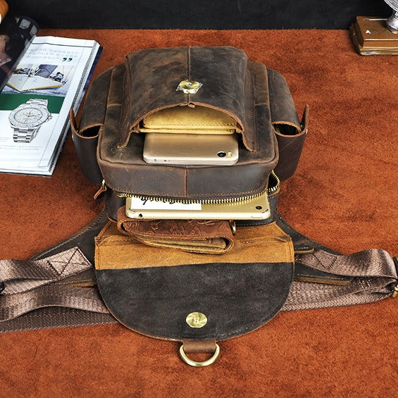 Men's Oil Waxed Leather Cowhide Retro Trendy Cool Men's Chest Bags