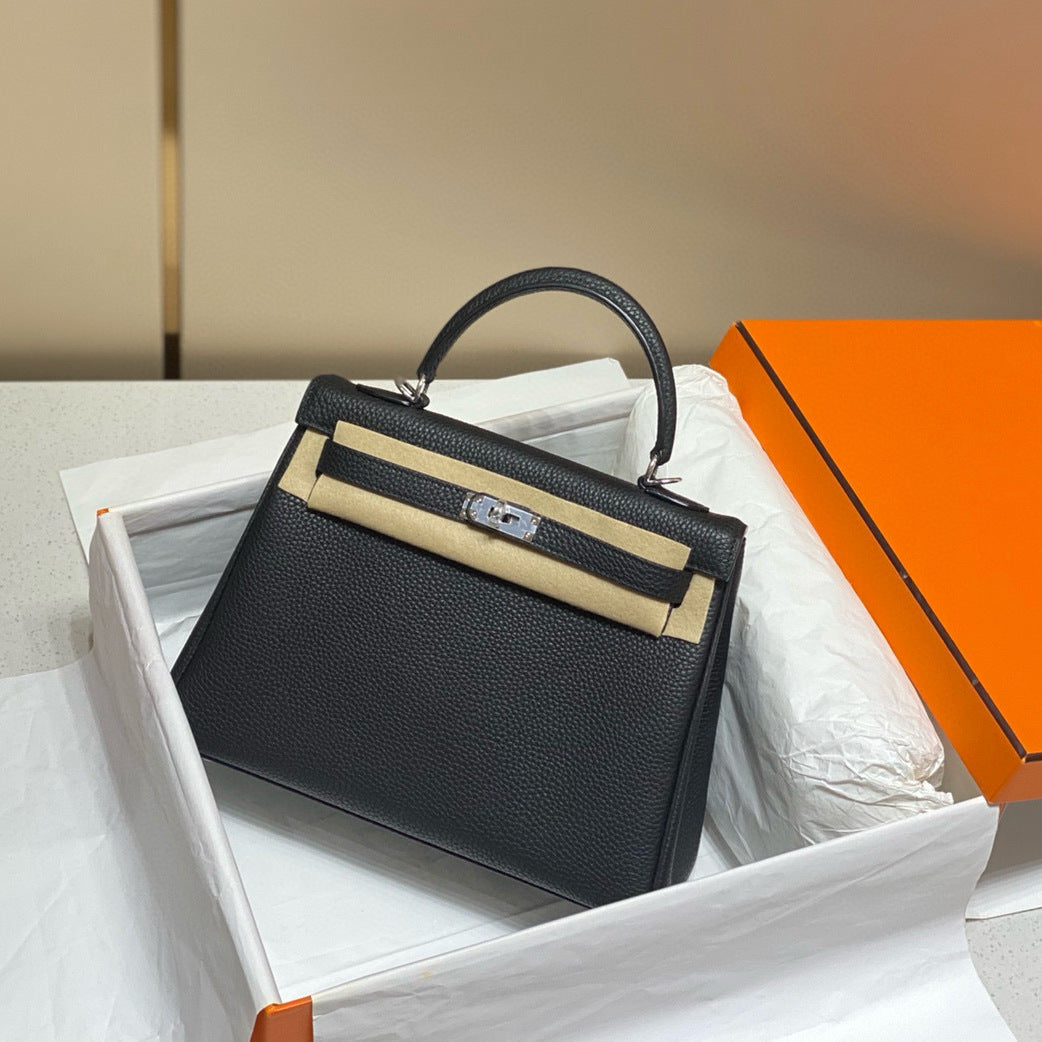Women's Quality Kelly Lychee Pattern Calfskin Portable Crossbody Bags