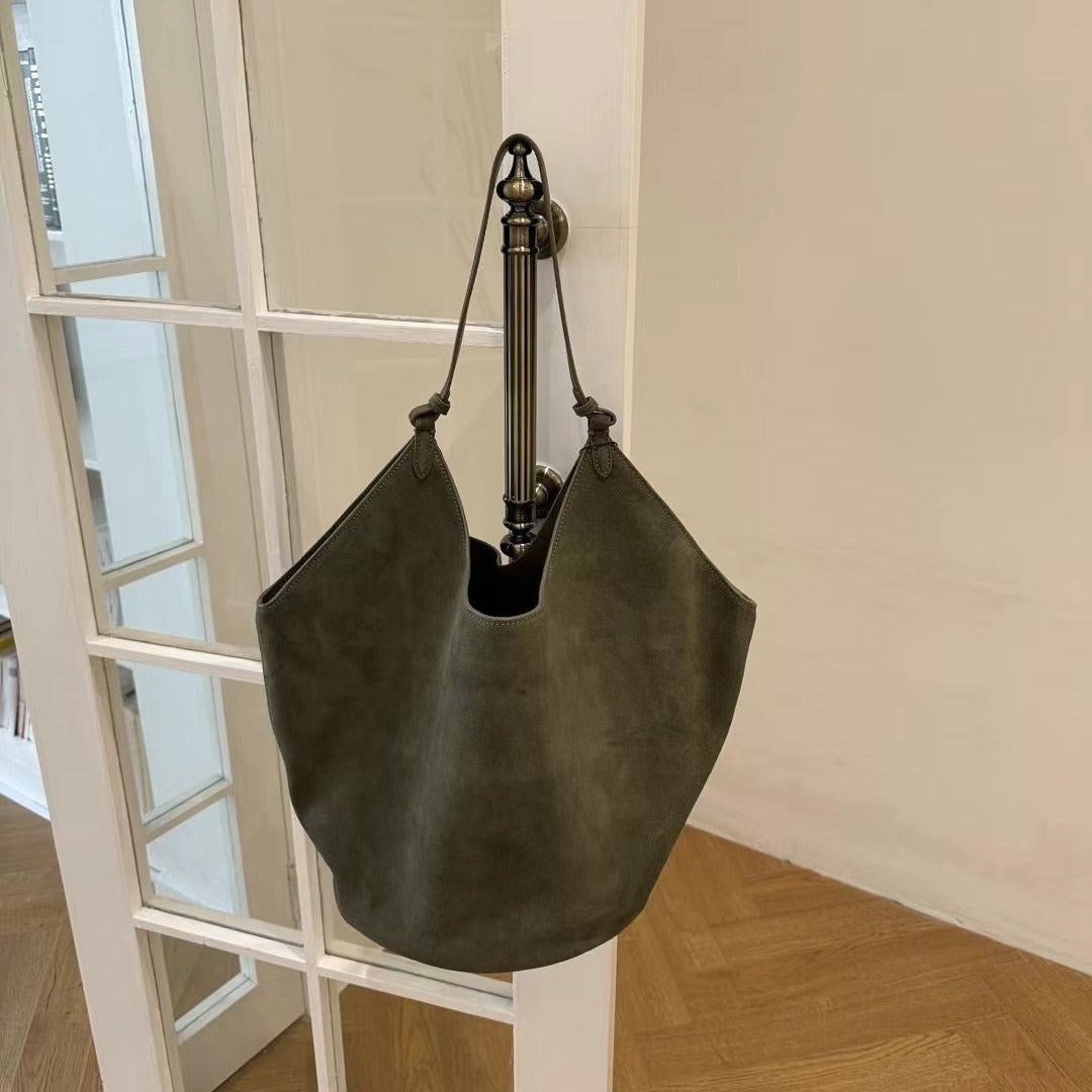 Women's Niche Designer Frosted Cowhide Large Capacity Bucket Bags