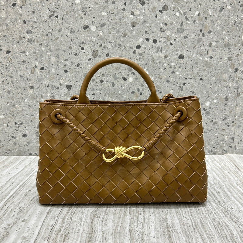 Women's Design Metal Cord Fastener Authentic Leather Weave Portable Bags