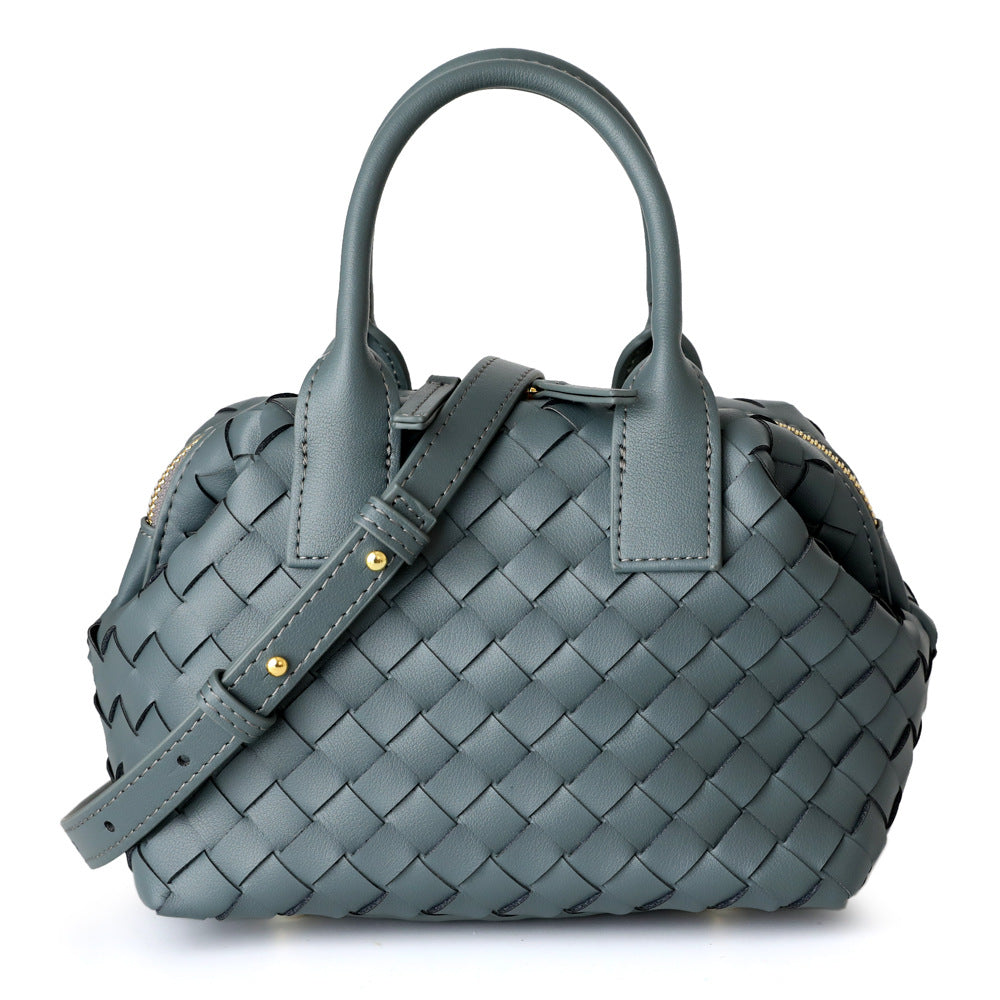 Trendy Pretty Cowhide Hand-woven Bowling Boston Bags