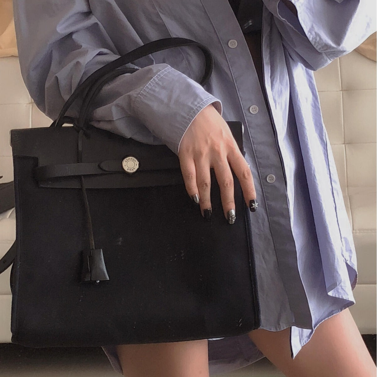 Women's Kelly Cowhide Stitching Canvas Large Capacity Handbags