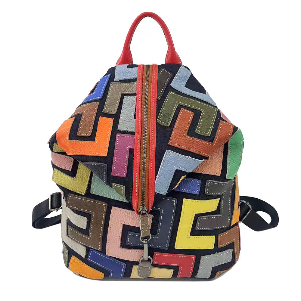 Women's Fashion Color Cowhide Stitching Genuine Leather Backpacks