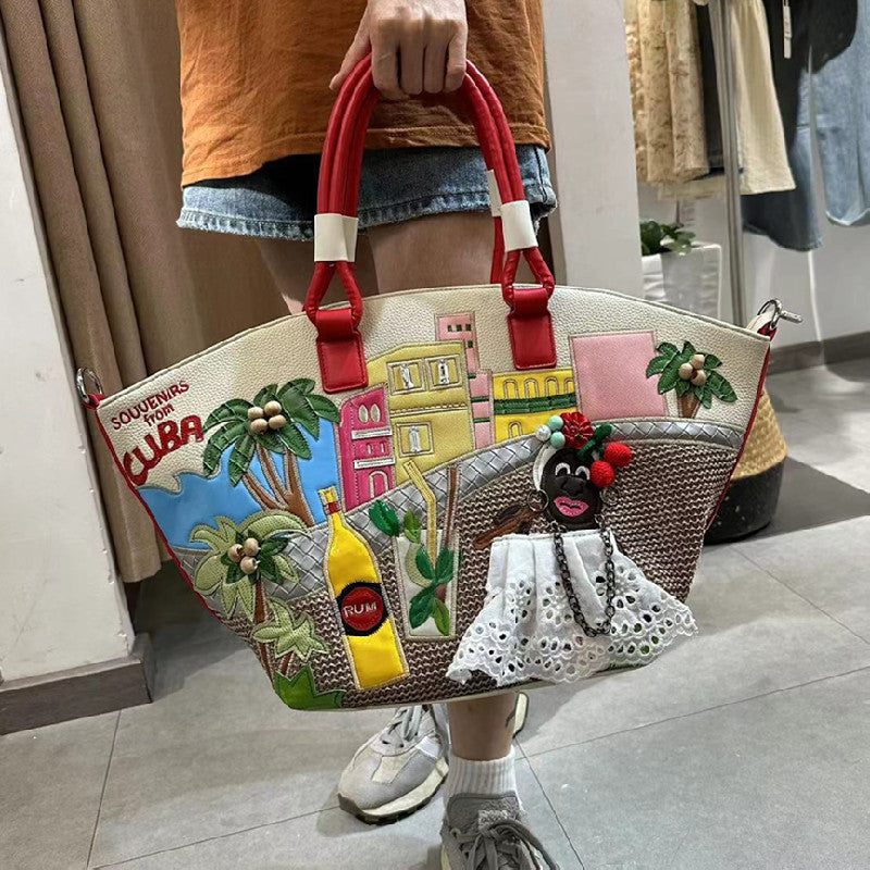 Fashion Large Capacity Creative Stitching Embroidery Vegetable Shoulder Bags