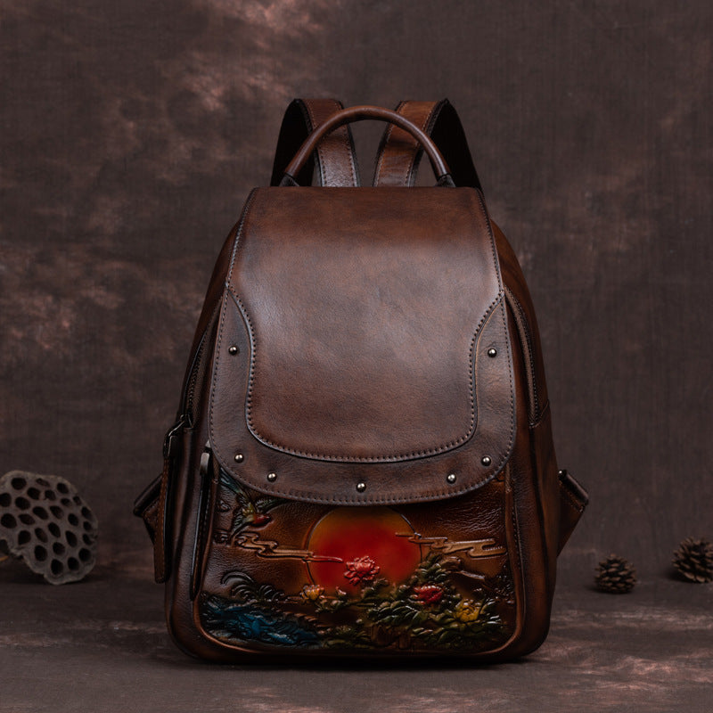 Large Capacity Retro Embossing Craft Straight Hair Artistic Backpacks