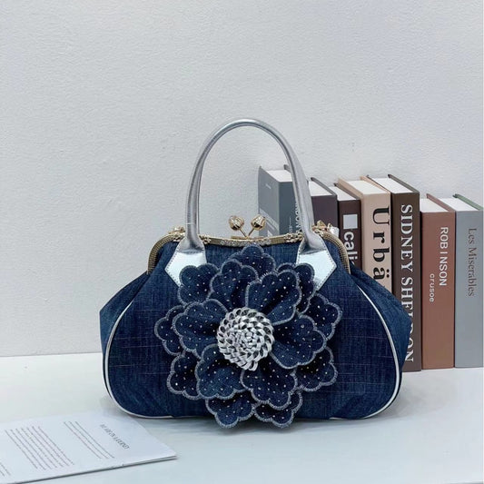 Women's New Fashionable High-grade Flower Denim Handbags