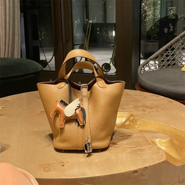 Women's Line Vegetable Basket Genuine Leather Litchi Pattern Handbags