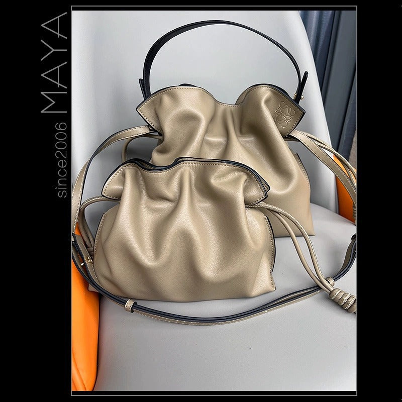 Women's High-grade Lucky Drawstring Mi Soft Leather Bucket Bags