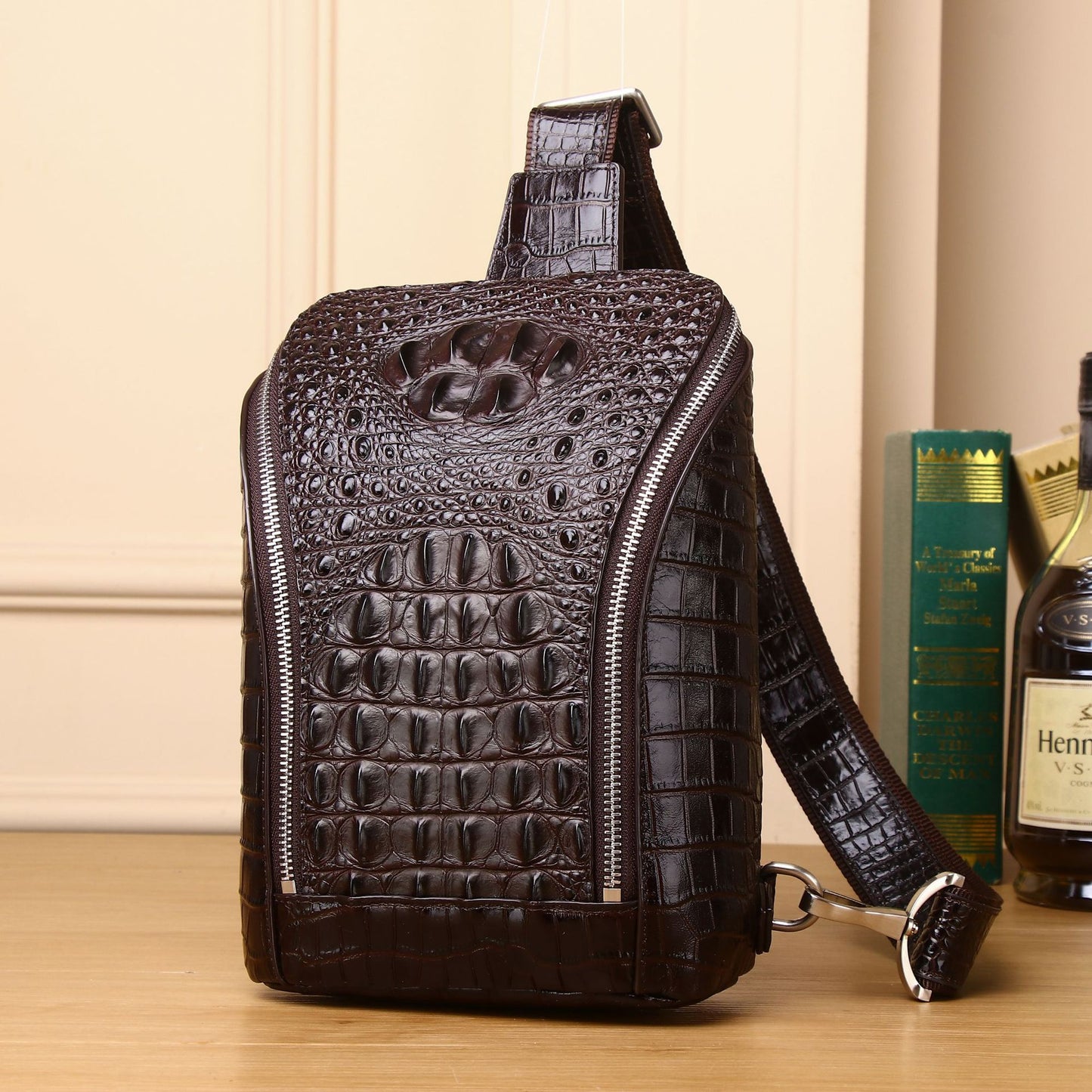 Men's Crocodile Leather Pattern Message Cowhide Large Men's Chest Bags