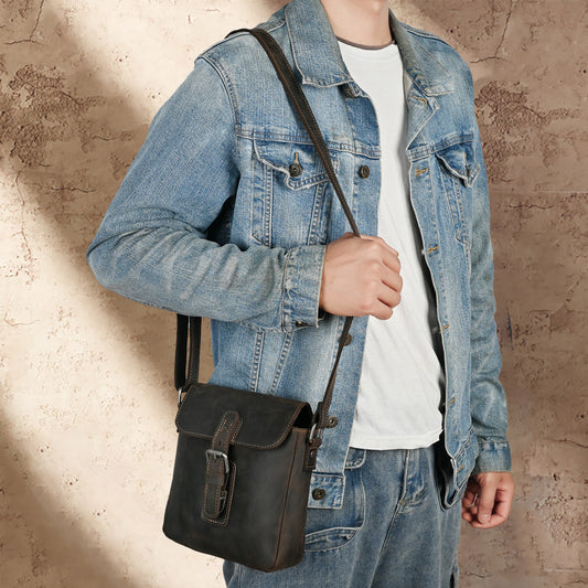 Men's First Layer Retro Crazy Horse Leather Cowhide Shoulder Bags