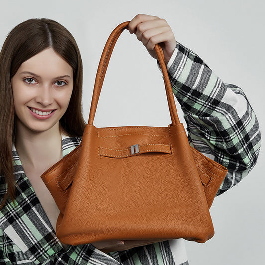 Women's Simple Pleated Vegetable Basket Temperament Genuine Shoulder Bags