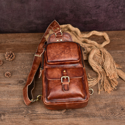 Men's Vegetable Tanned Leather Handmade Pannier Korean Bags