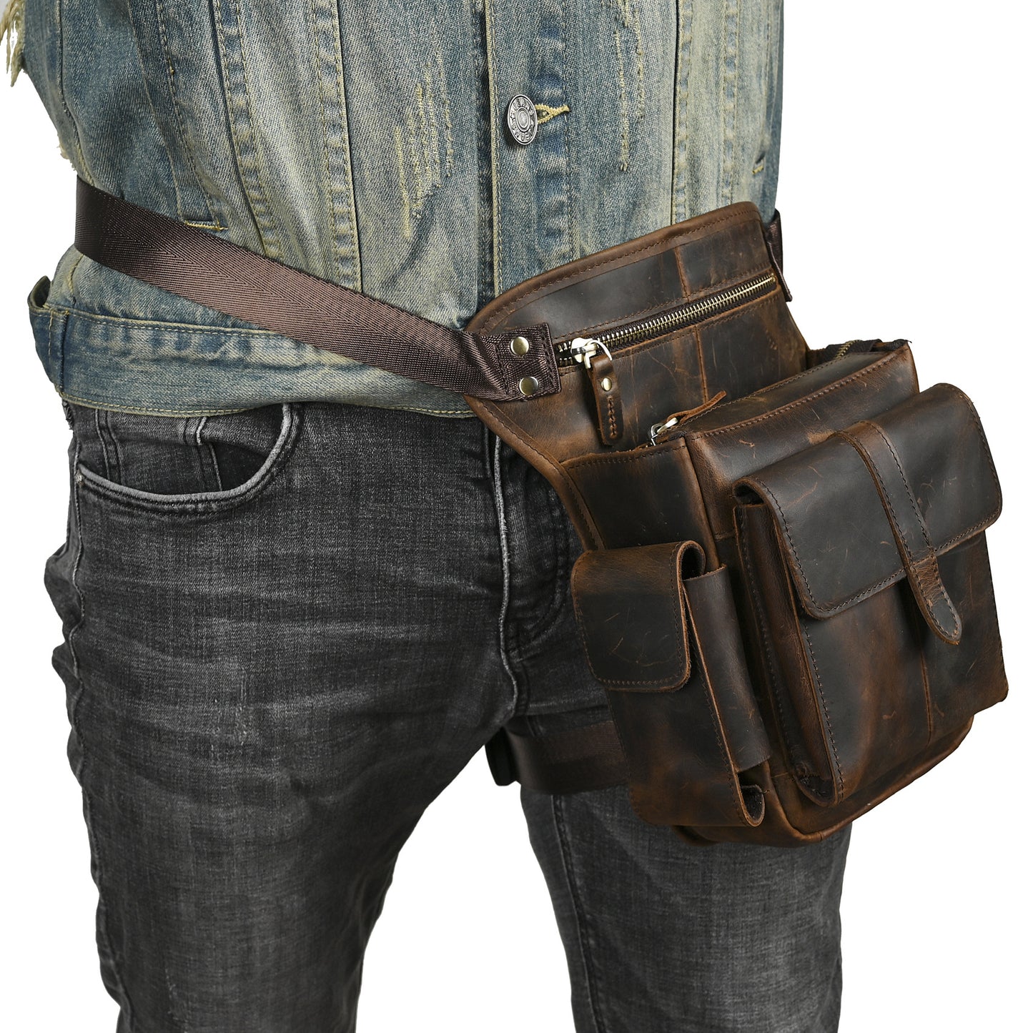 Men's Leather Cowhide Retro Trendy Cool Mobile Men's Chest Bags