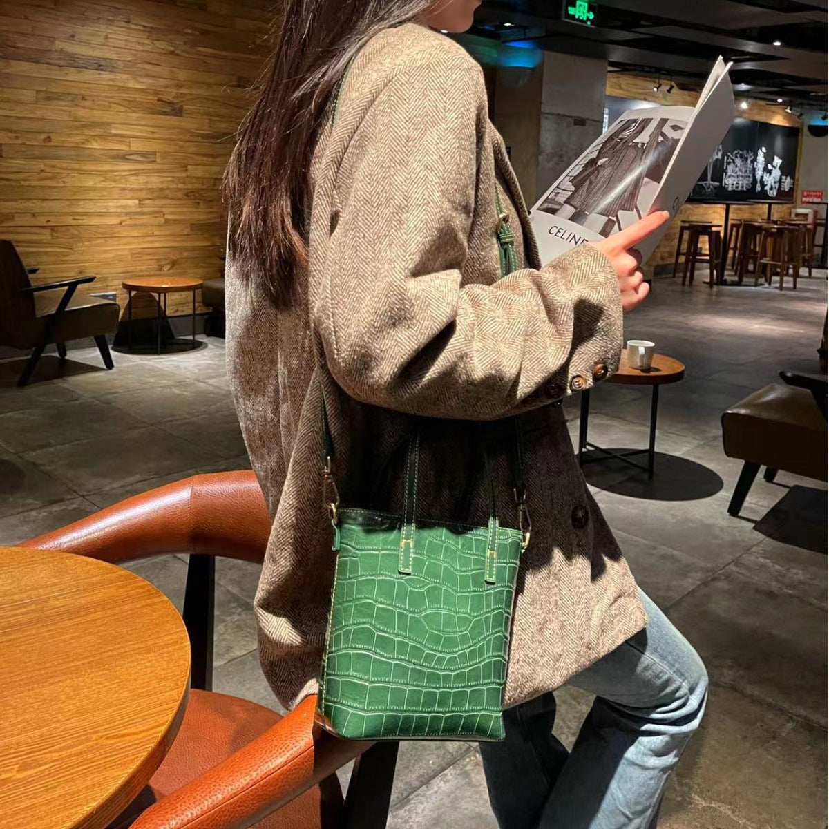 Leather Cowhide Crocodile Pattern Portable Genuine Bucket Bags