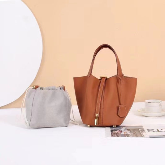 Women's Basket Lychee Pattern First Layer Cowhide Solid Bucket Bags