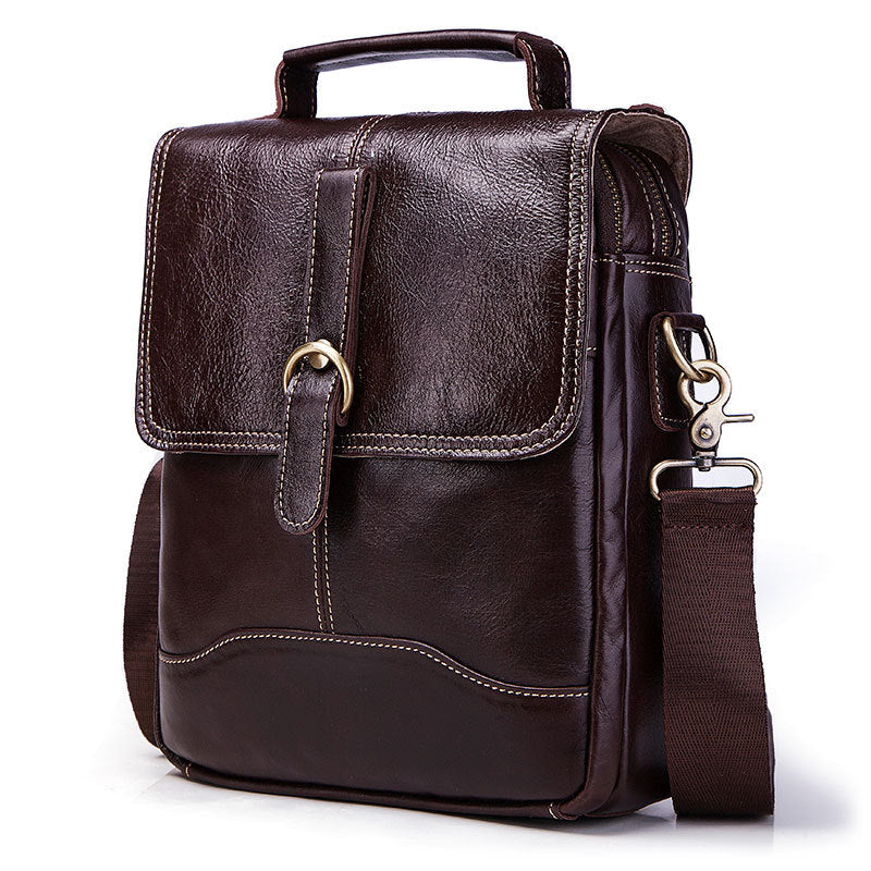 Men's Layer Cowhide Flip Double Zipper Vertical Bags