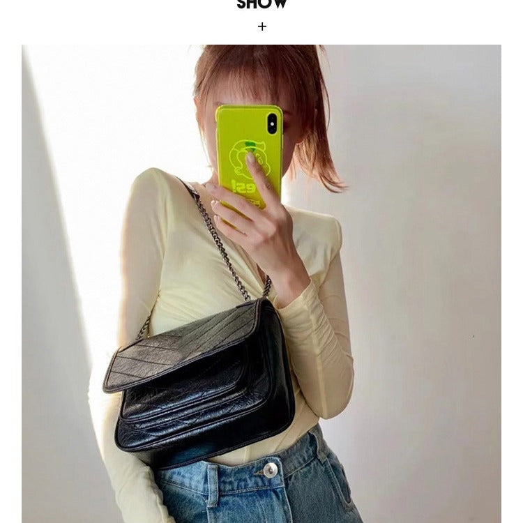 Women's Oil Wax Cowhide Retro Double Chain Shoulder Bags
