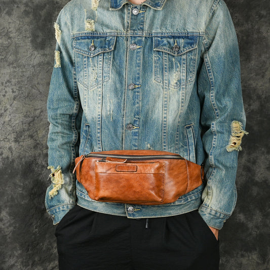 Hand-rub Color Vegetable Tanned Leather Vintage Men's Chest Bags