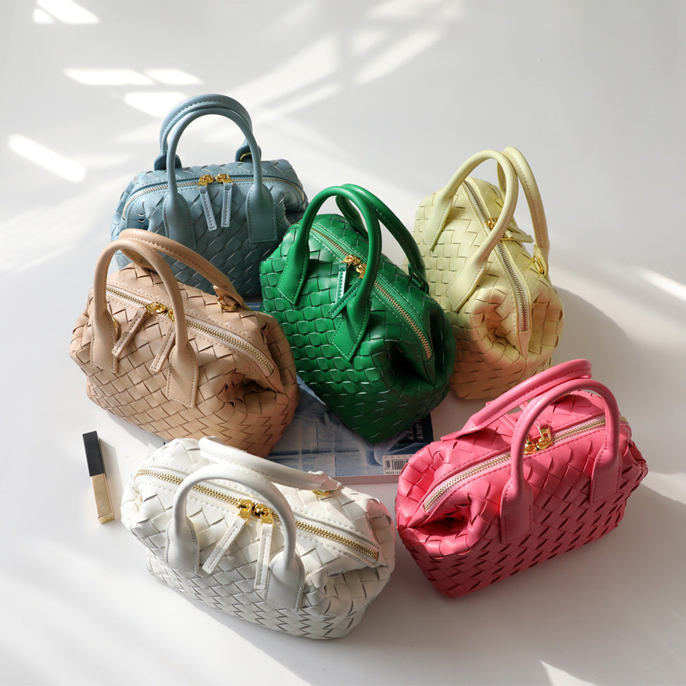 Trendy Pretty Cowhide Hand-woven Bowling Boston Bags